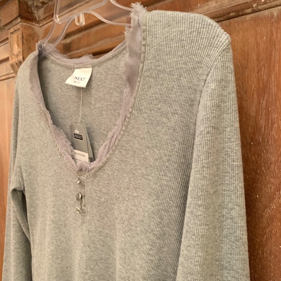 NEXT UK Women V-Neck Cotton Ribbed Raw Edge Trim LS Top Size12 - Picture 6 of 12
